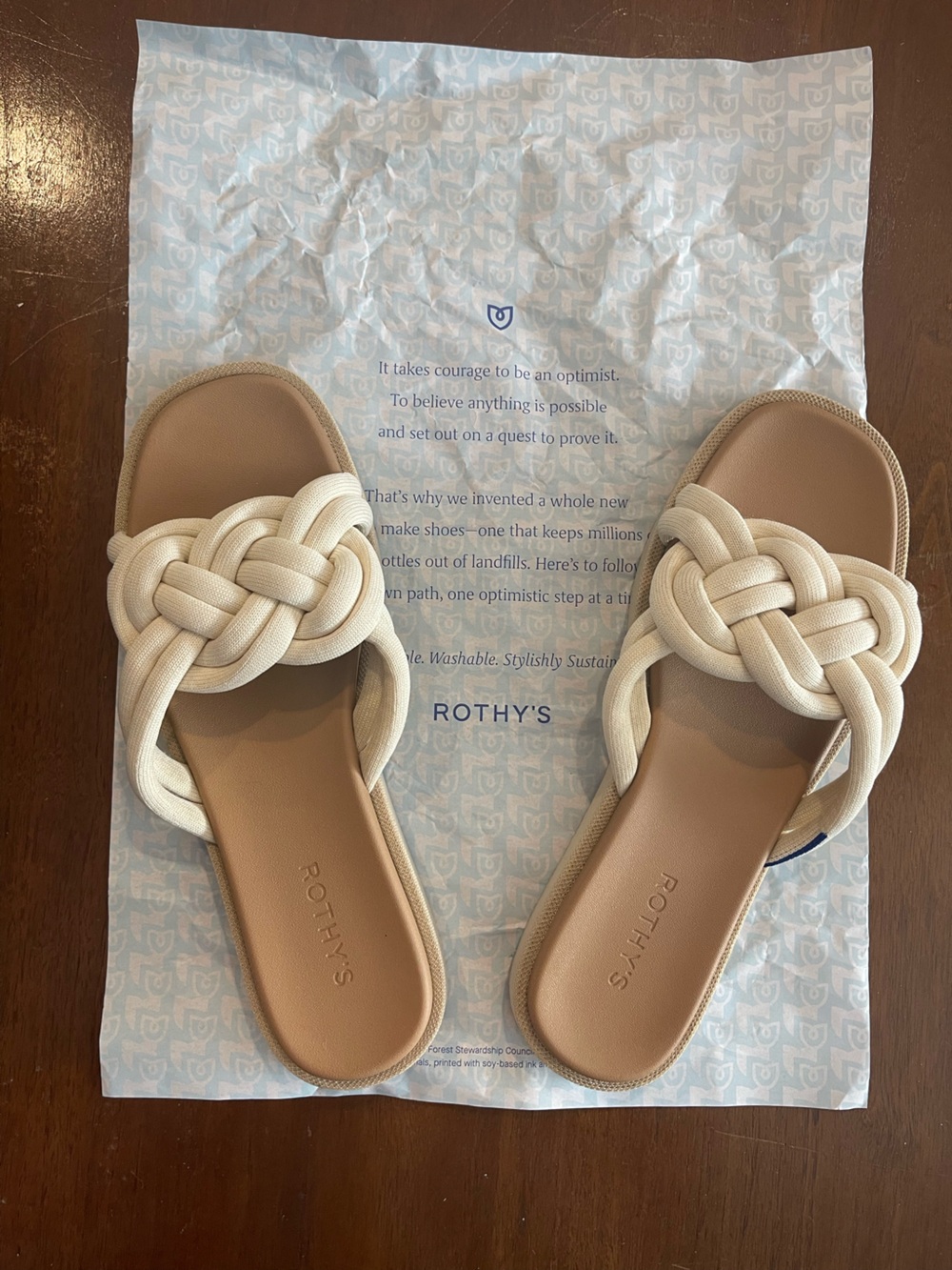 Rothy's Women's Cream Knotted Slide Sandals with Tan Footbed